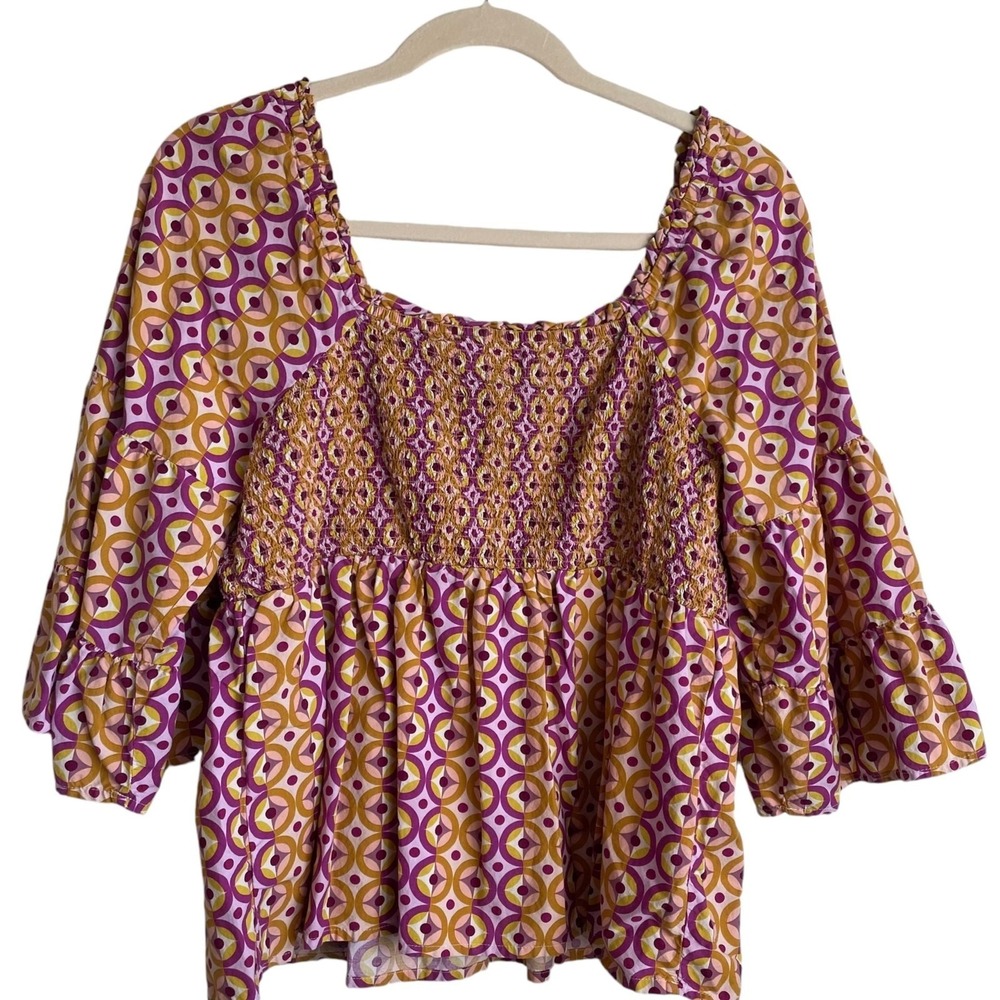 Terra & Sky Women Boho Retro Smocked Peplum Top 1X Pink Geometric Bell‎ Sleeve